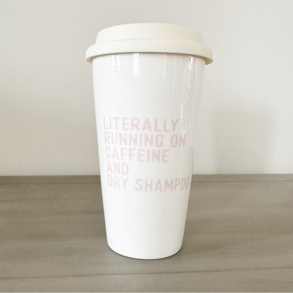 Literally Running on Caffeine Dry Shampoo White Pink Ceramic Coffee Travel Mug - Picture 3 of 7